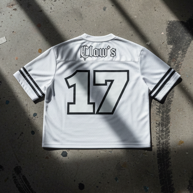 Mockup dos maillot Claw's 17 blanc - vue du dessus hangar